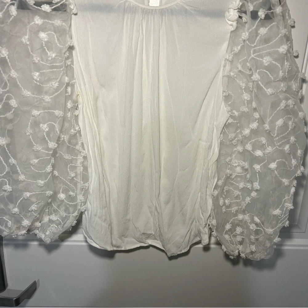 Zara White Mesh Puff Ball Balloon Sleeve Blouse Size XS